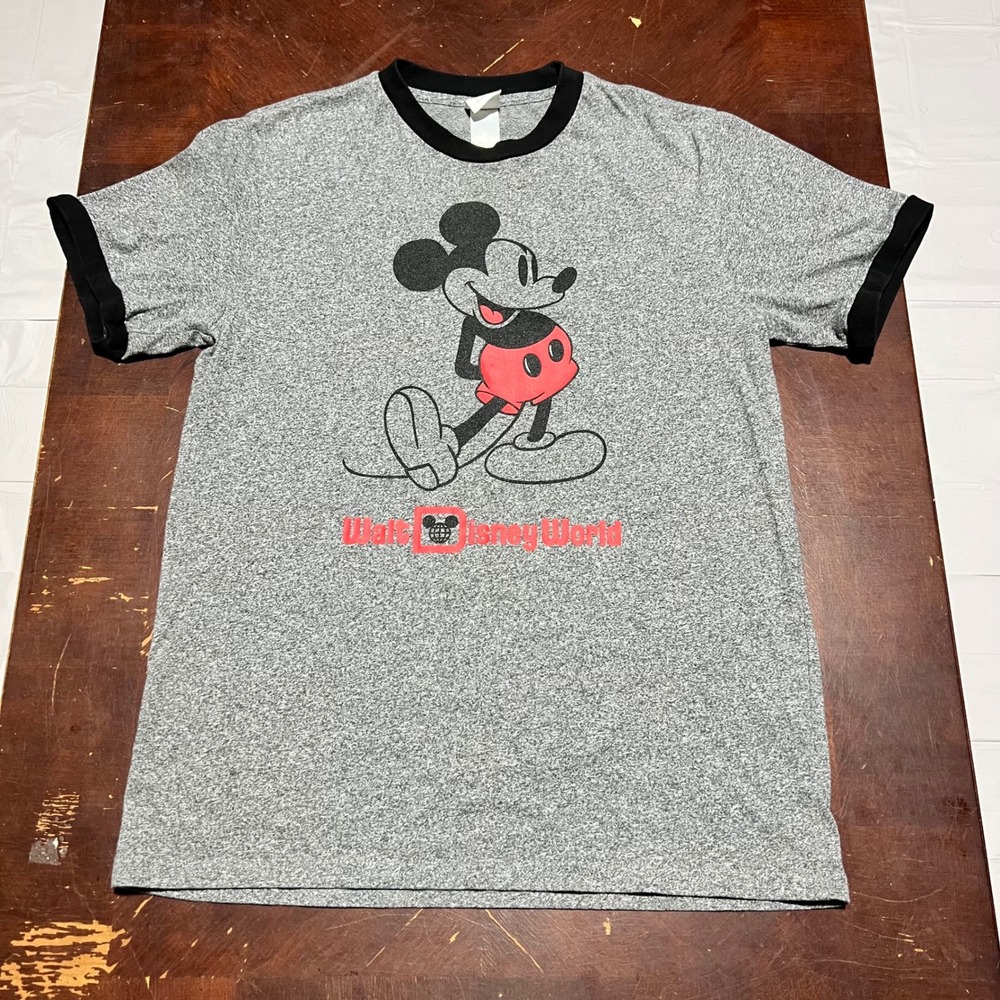Disney‎ Walt Disney World Mickey Mouse Ringer Tee Gray Black Mens Medium